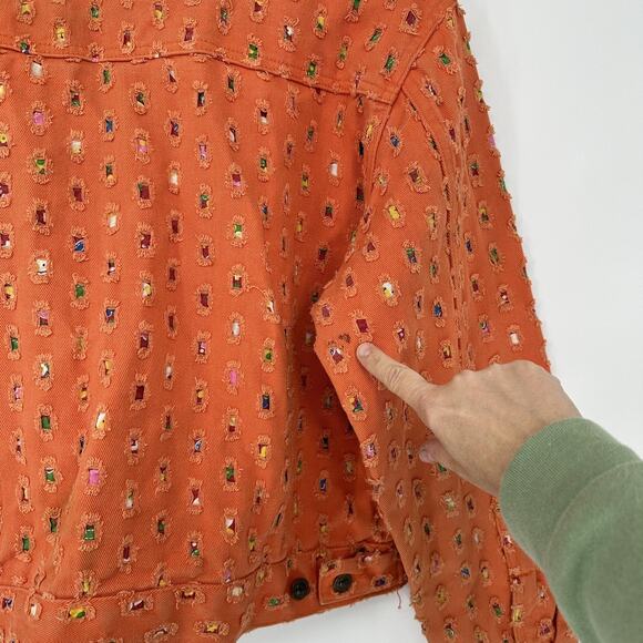 Via Via Couture Denim Jacket XL Orange Trucker Embroidered Textured Boho Retro - Picture 9 of 12